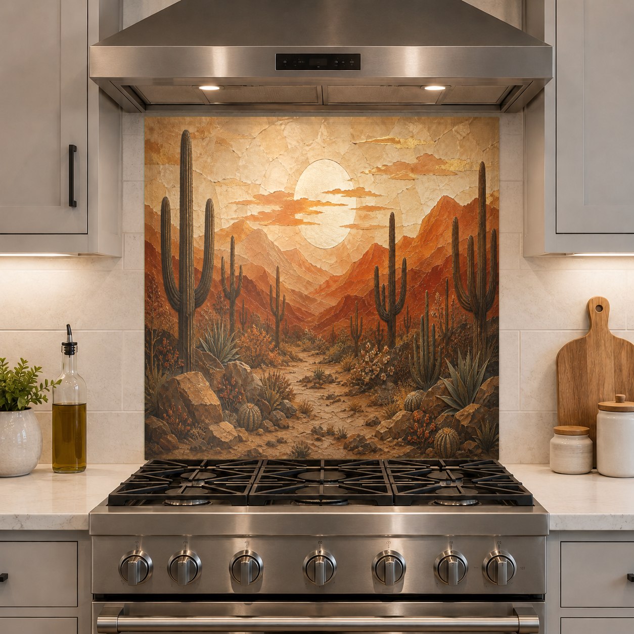 Sleek desert sunset tempered glass kitchen backsplash panel providing a seamless, grout-free wall protection.