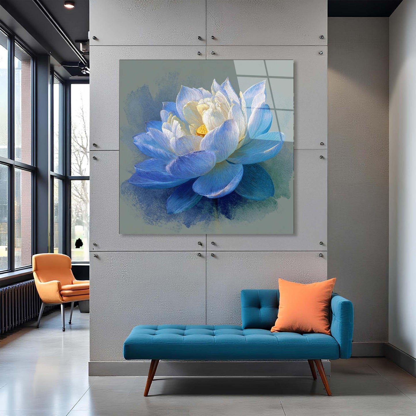 Modern interior with a blue flower painting on a white wall, orange chair, and blue bench.