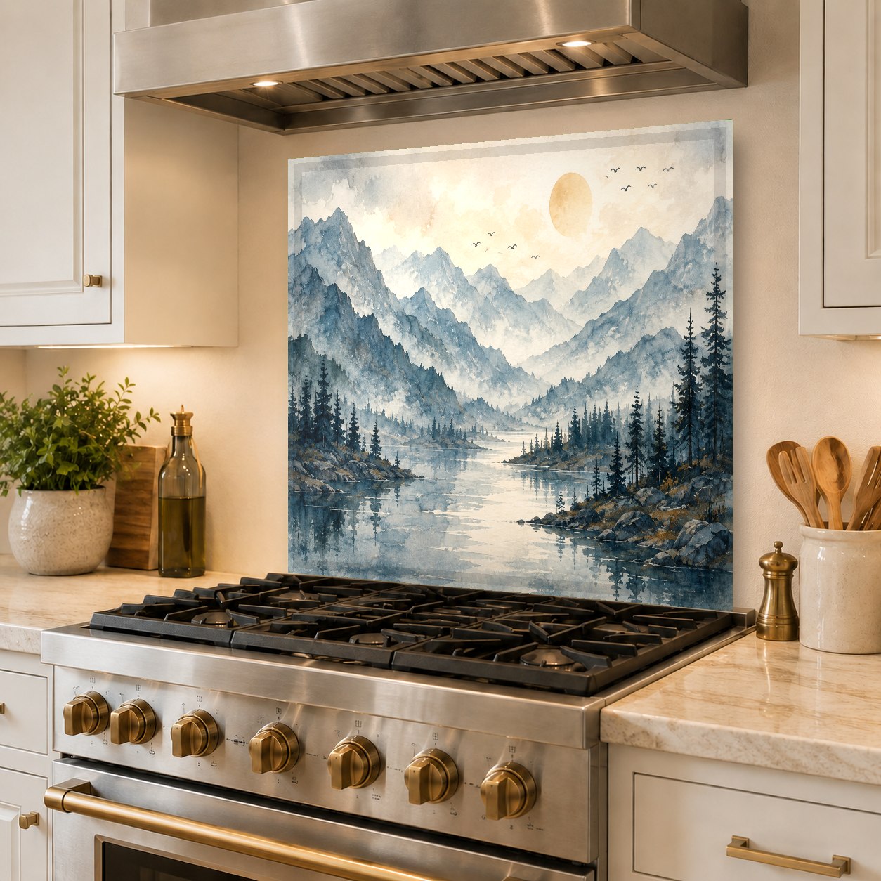 Seamless installation of a Misty Lake scenic glass backsplash panel over existing kitchen tiles.