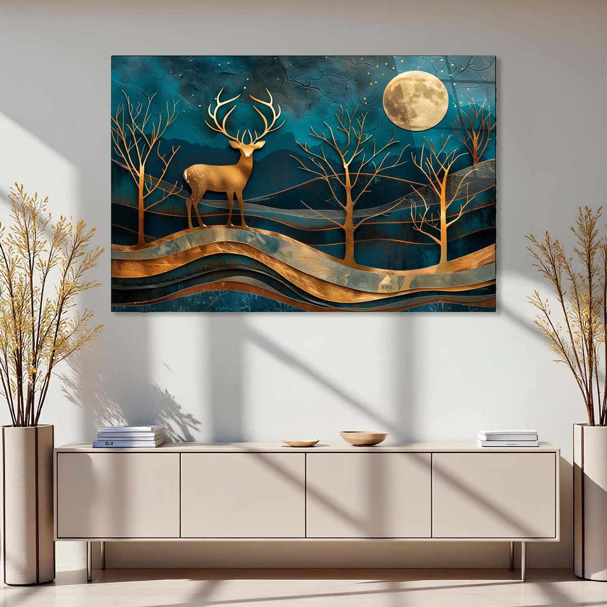 Decorative wall art of a deer in a forest scene with trees and a moon above, displayed in a modern interior setting.