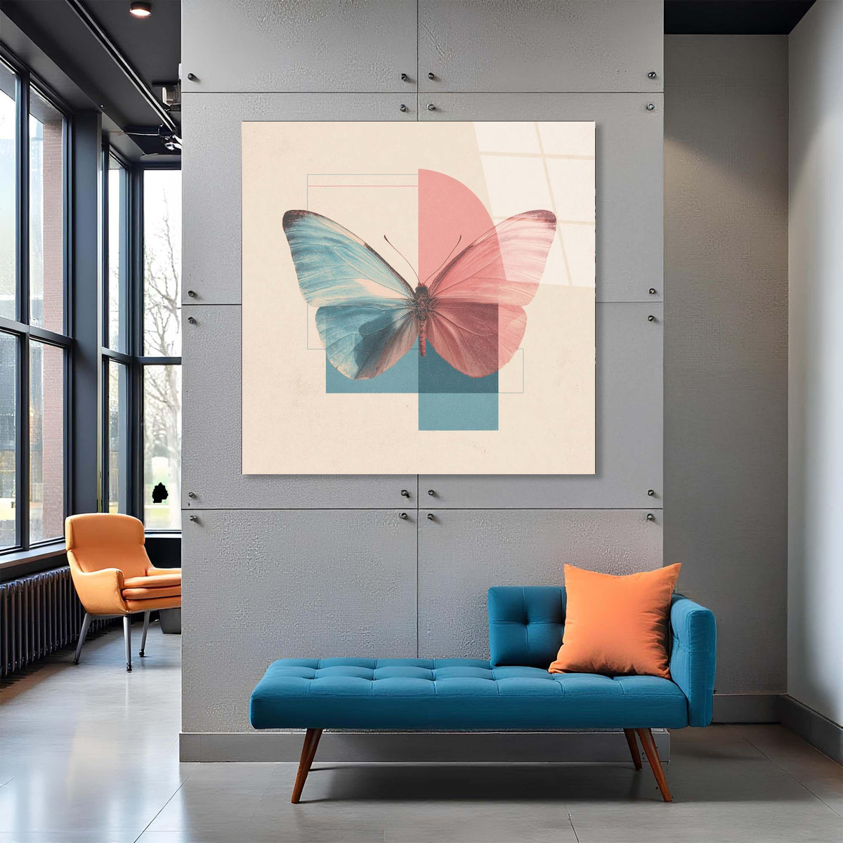 Modern interior with a blue sofa, orange chair, and colorful butterfly artwork on a gray wall.
