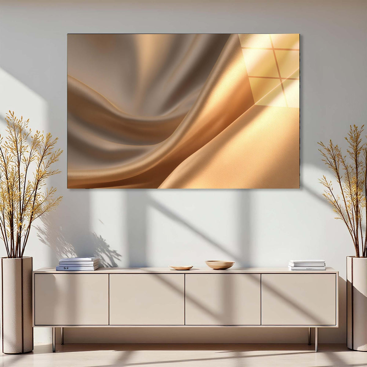 Modern interior with abstract art on the wall above a console table.