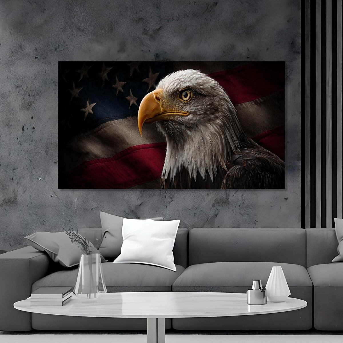 Eagle painting with American flag on a gray wall above a gray sofa.