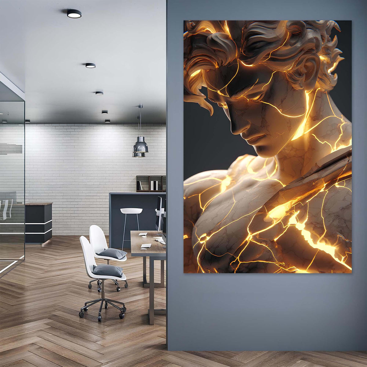 Modern office interior with a large abstract painting of a classical sculpture on the wall.
