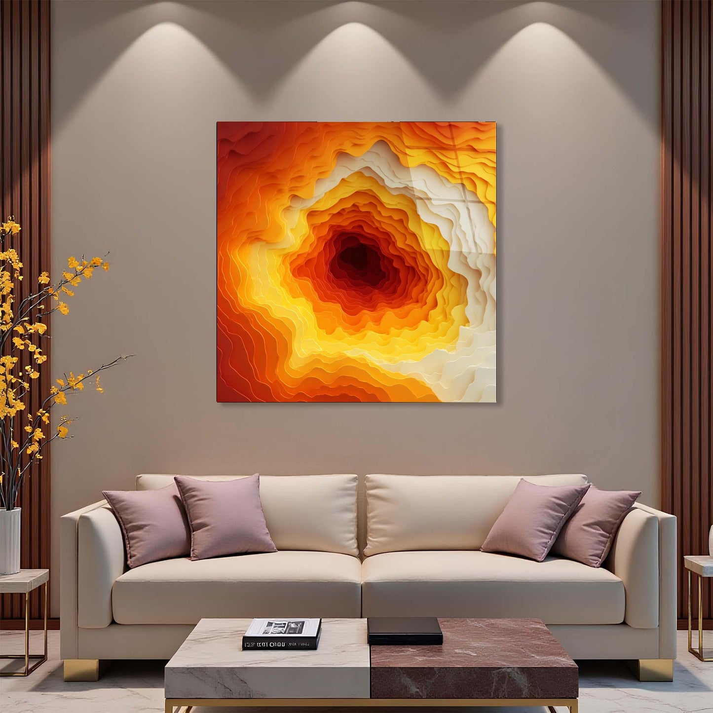 Modern living room with a beige sofa, abstract art on the wall, and decorative elements.