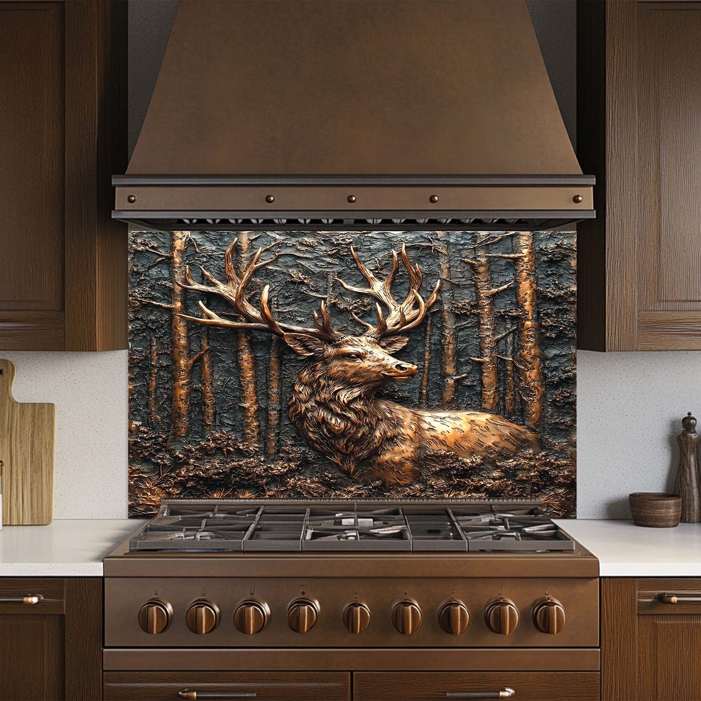 Copper forest design with deer head – rustic tempered glass backsplash for kitchen and stove backsplash tile alternative.