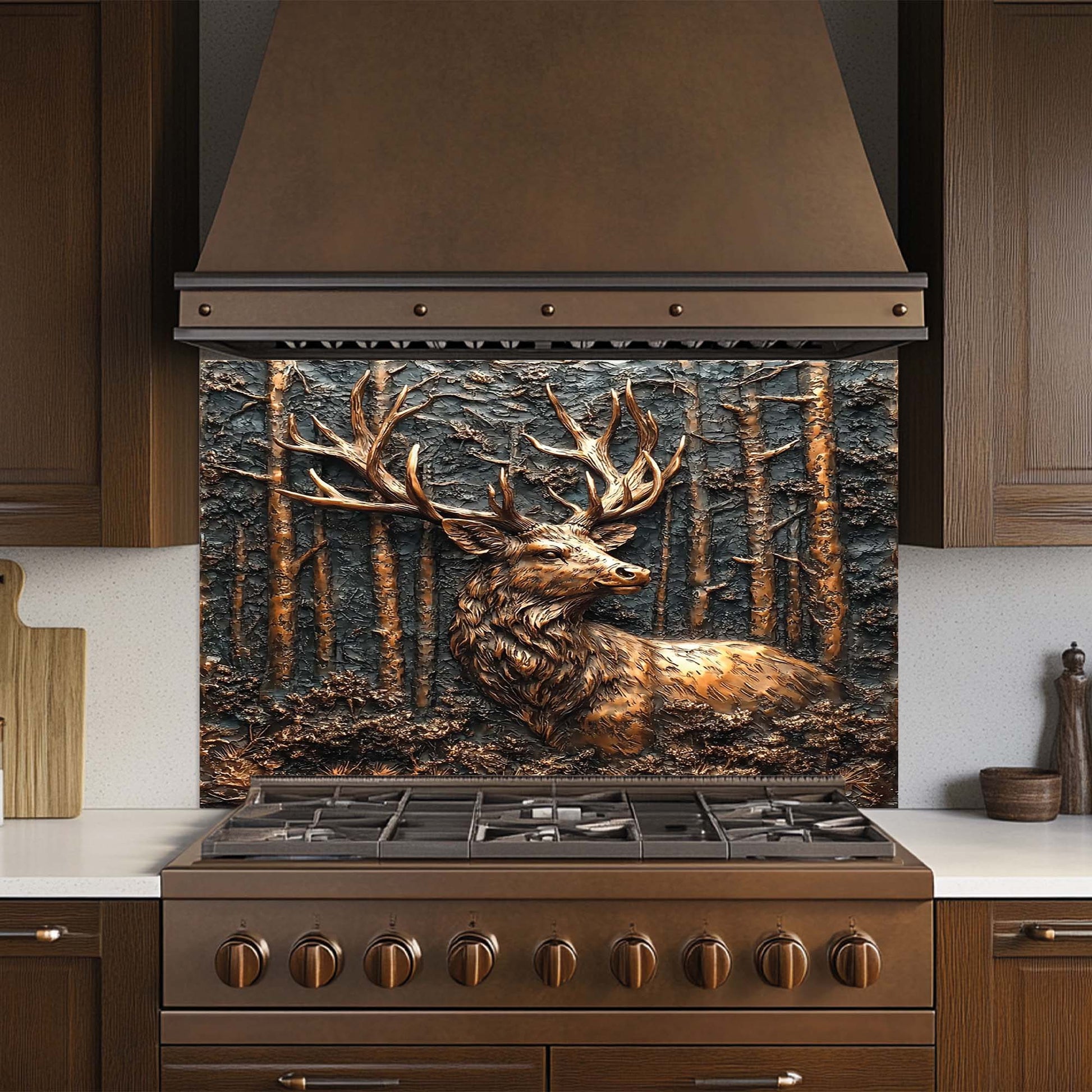 Copper forest design with deer head – rustic tempered glass backsplash for kitchen and stove backsplash tile alternative.