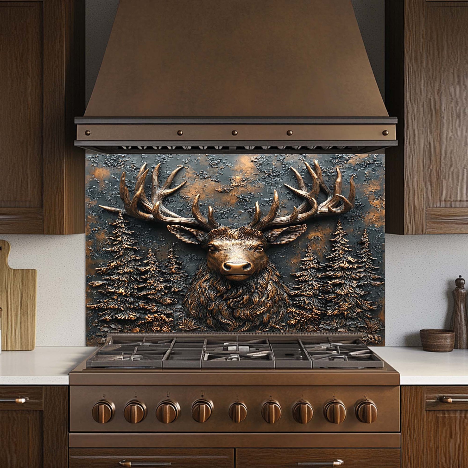 Decorative stove backsplash with a deer head design in a kitchen setting
