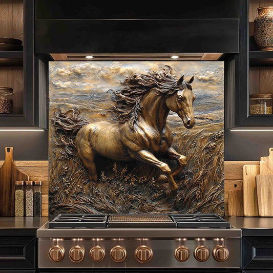 Stainless steel stove with a decorative horse backsplash on a kitchen wall.
