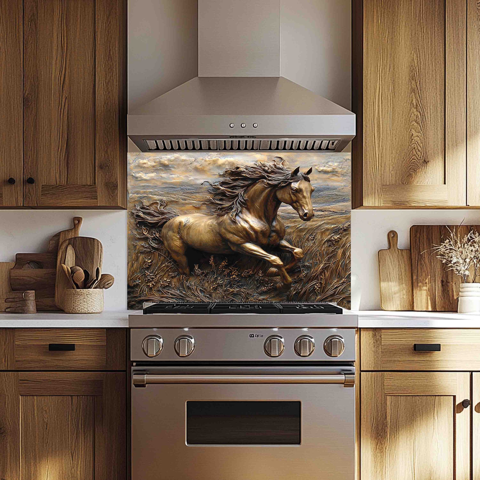Kitchen with a decorative horse backsplash on the wall above a stove.