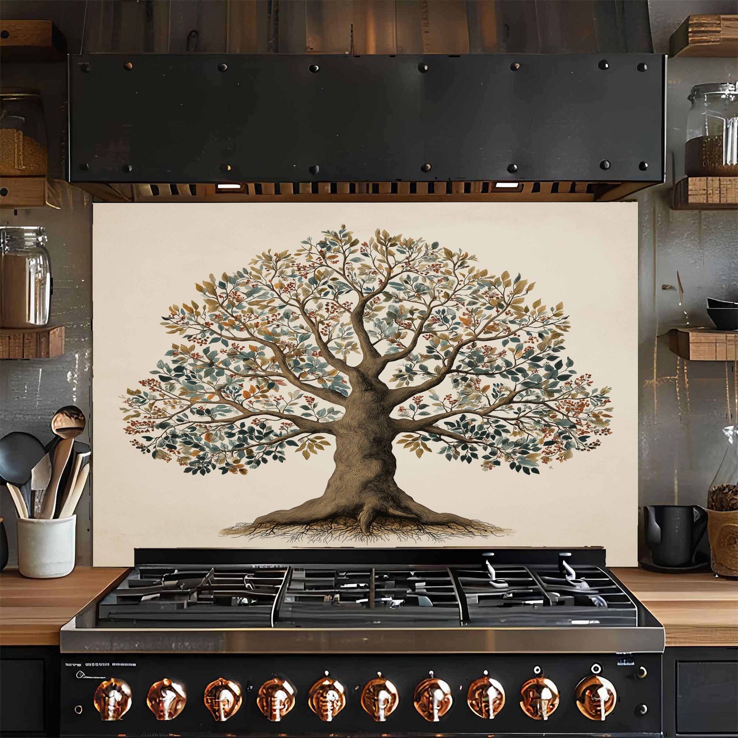 Stove with decorative tree glass backsplash on the wall in a kitchen setting