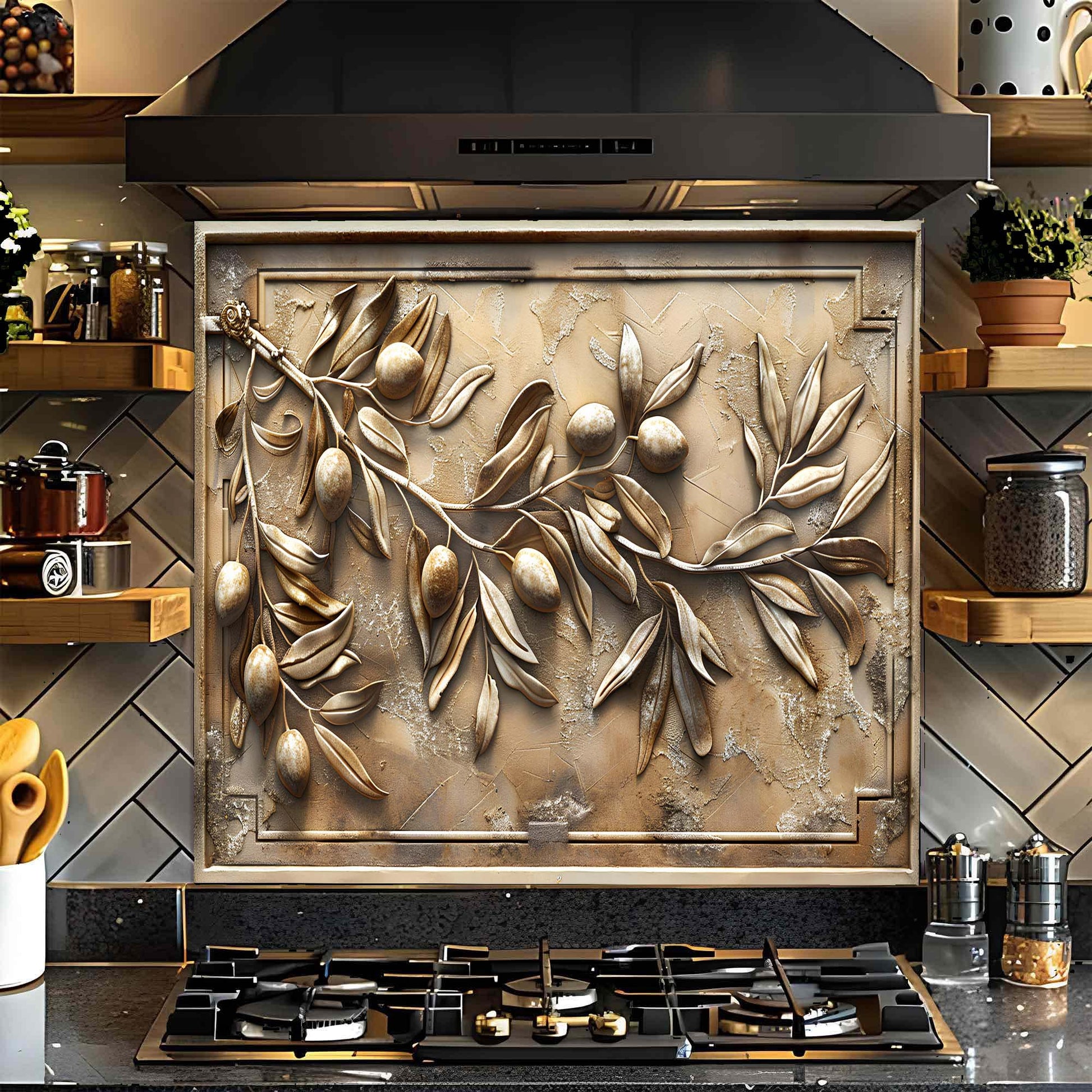 Decorative glass backsplash with leaf and olive design above a stove in a kitchen.