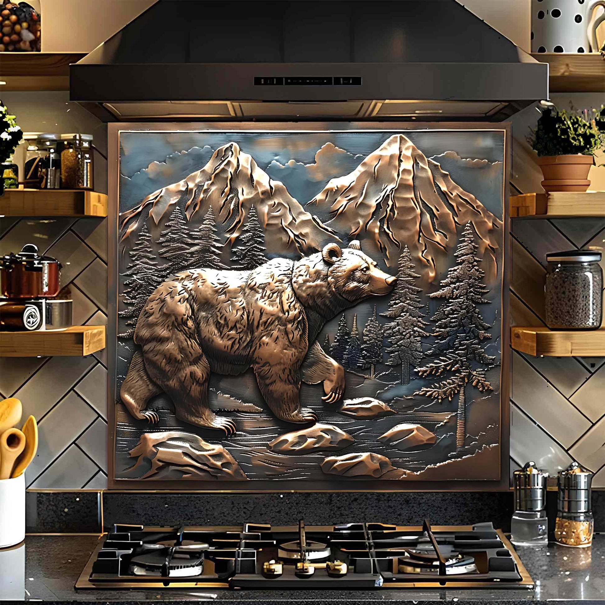 Decorative glass backsplash of a bear and mountains on a kitchen wall above a stove.