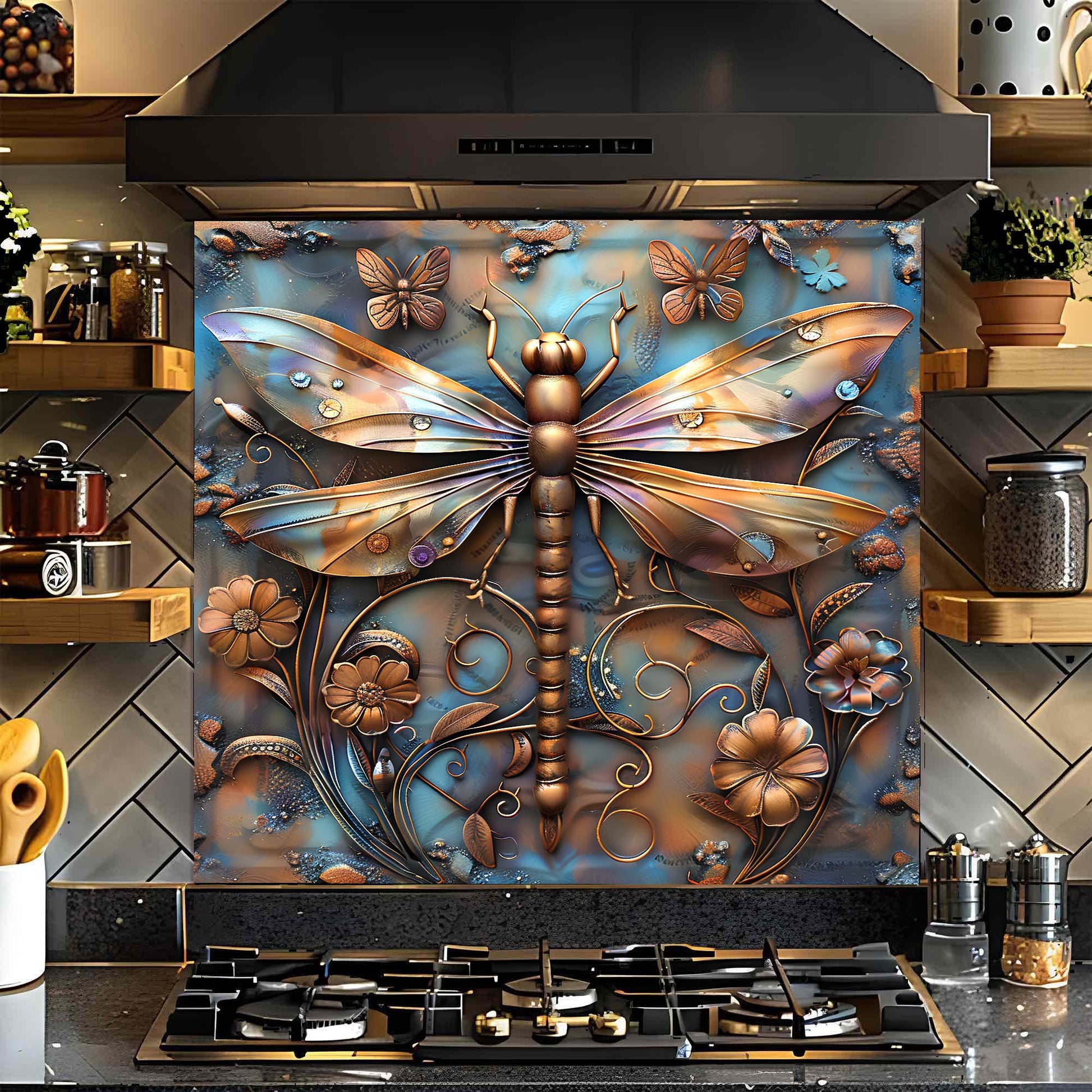 Decorative glass backsplash with dragonfly and butterfly design in a kitchen setting