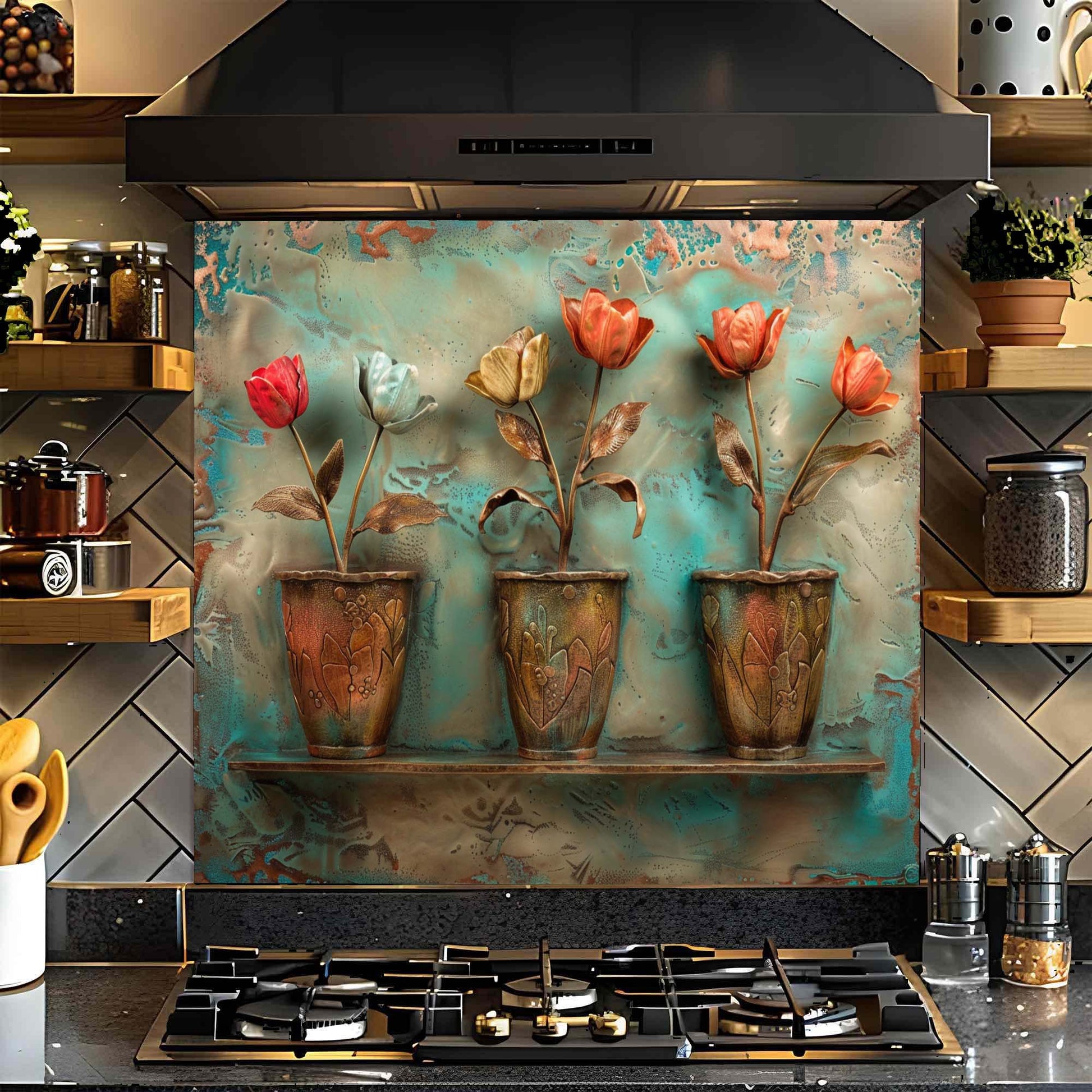 Decorative glass backsplash with floral design above a stove in a kitchen.