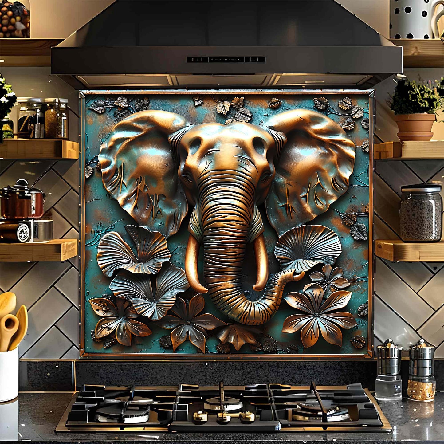Decorative glass backsplash of an elephant on a kitchen stove