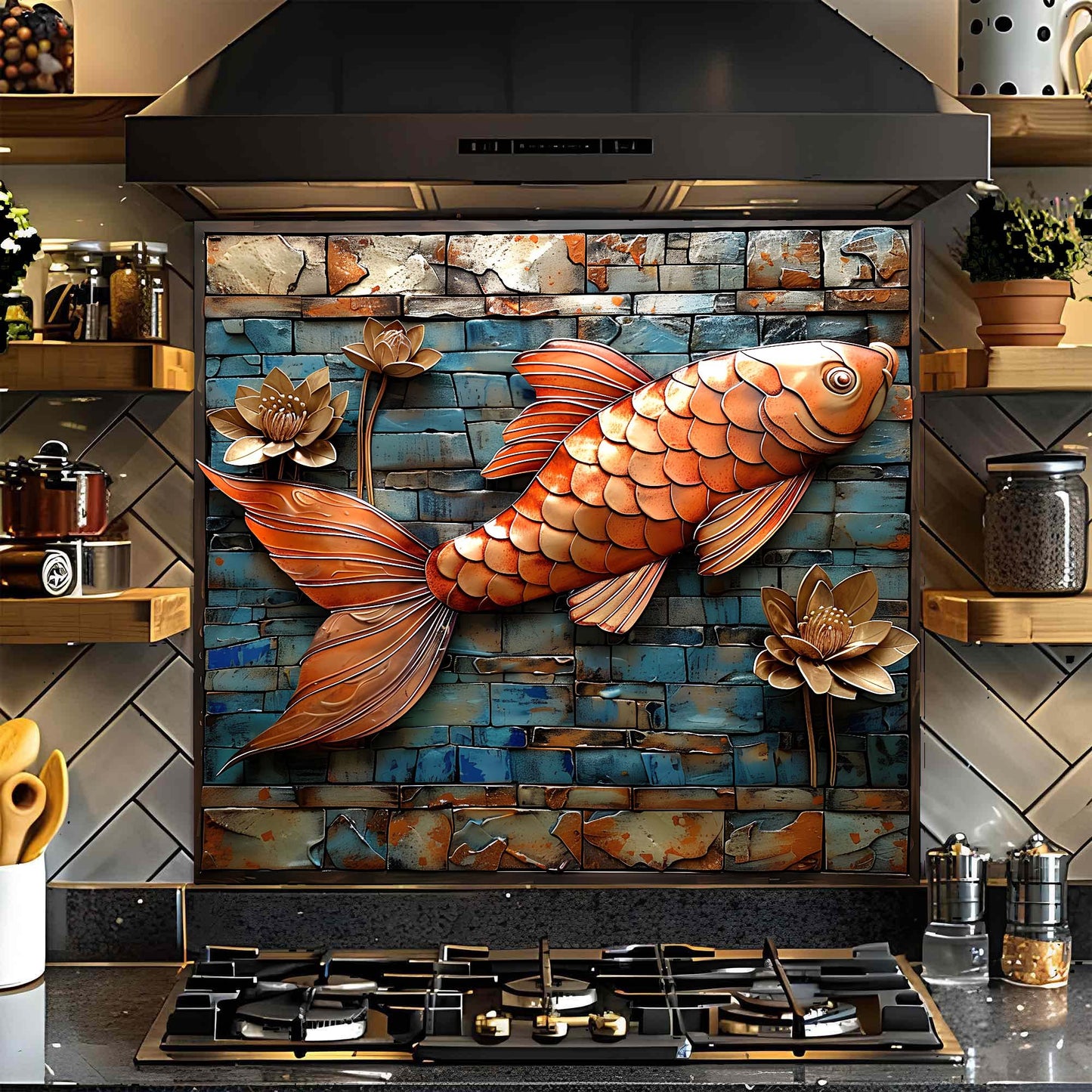 Decorative glass backsplash with a large fish design in a kitchen.