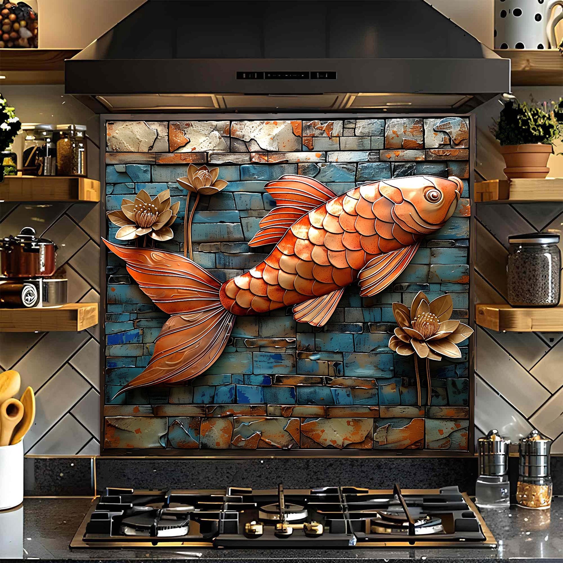 Decorative glass backsplash with a large fish design in a kitchen.
