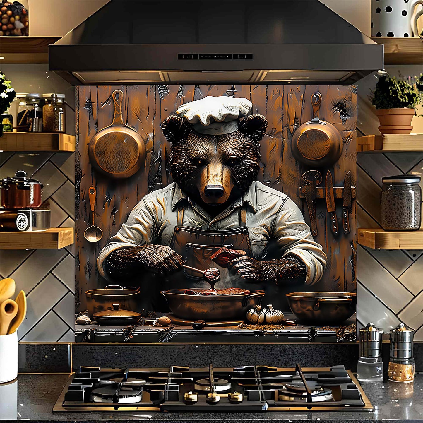 Bear chef statue cooking design glass backsplash on a stove in a rustic kitchen setting