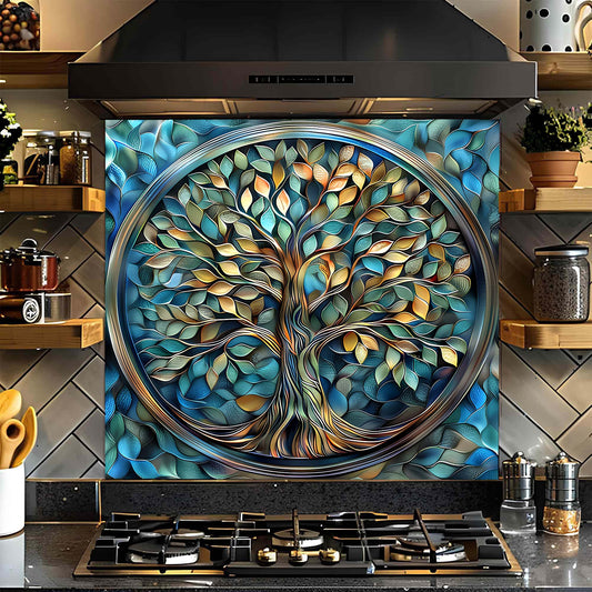Decorative glass backsplash with a tree design in a kitchen setting