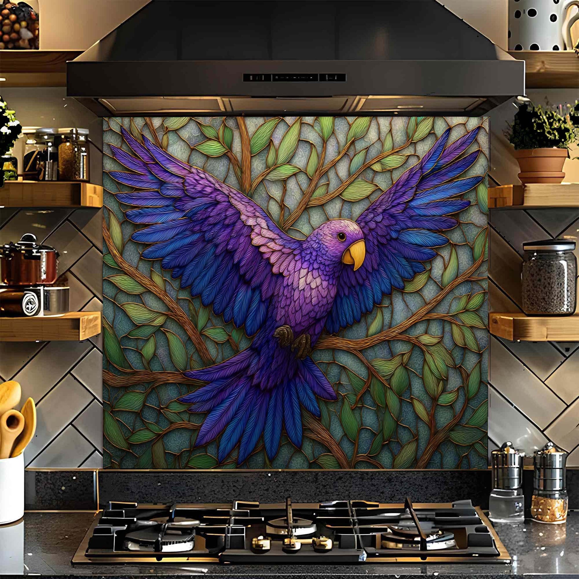 Decorative glass backsplash of a parrot on a kitchen stove