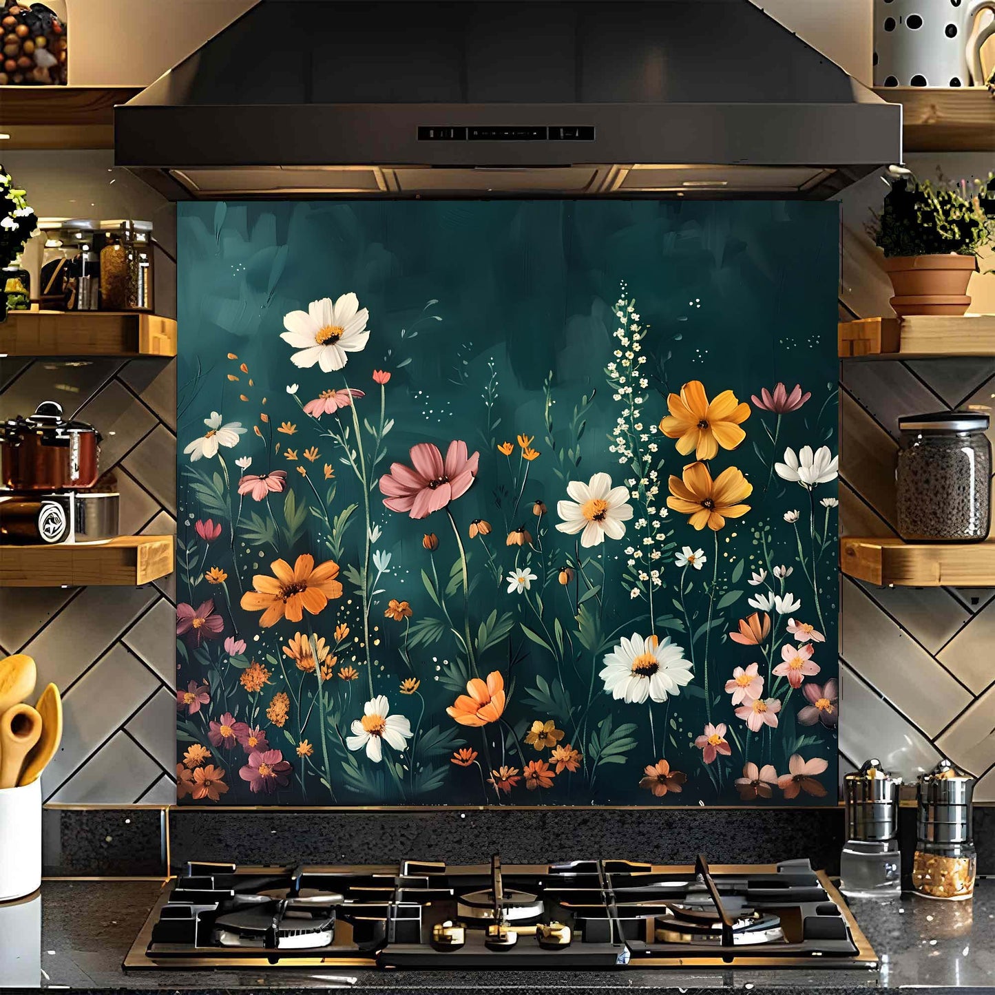 Kitchen stove with a floral glass backsplash design
