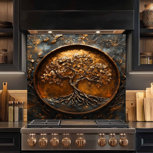 Stainless steel stove with decorative tree design on the back splash in a kitchen setting.