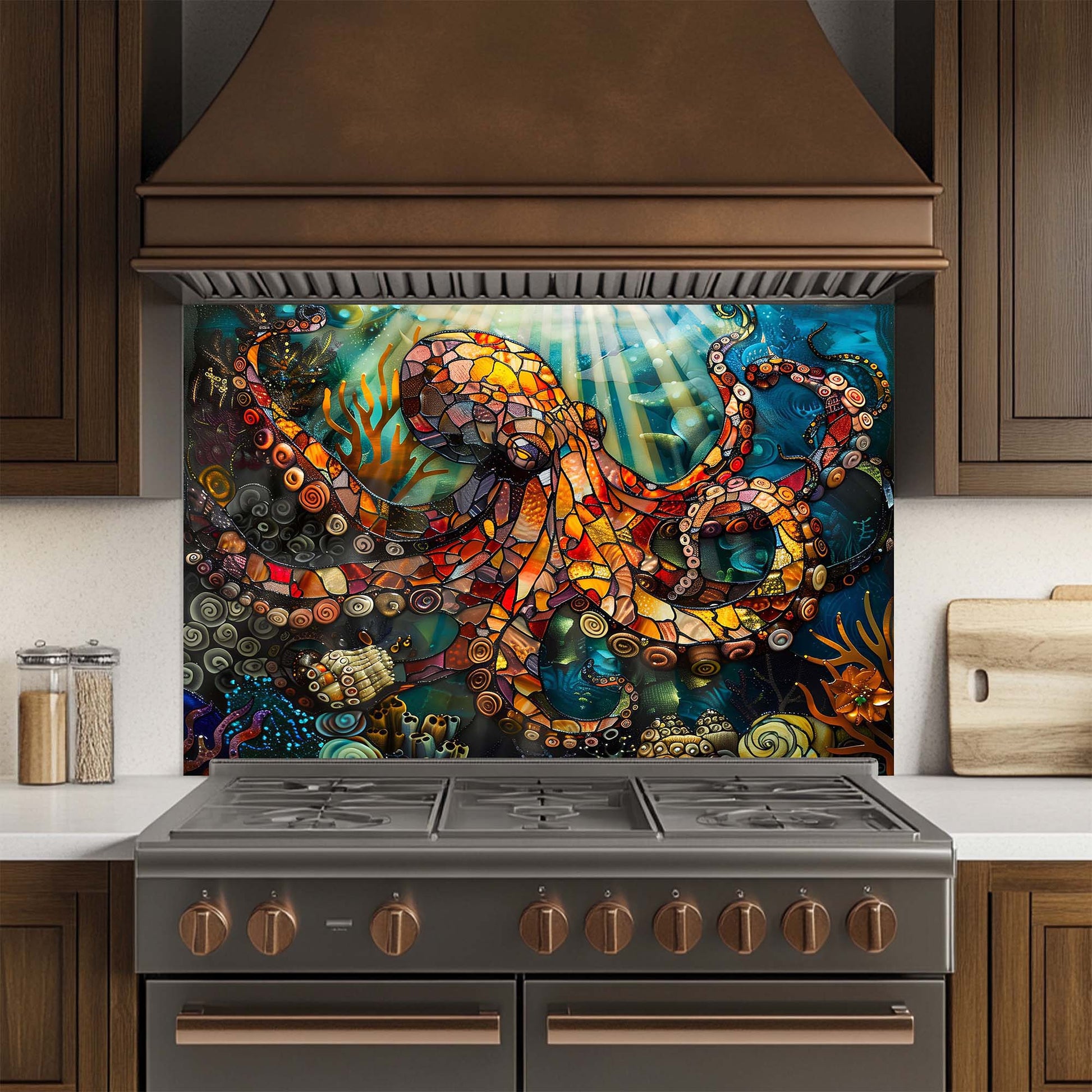Stylish kitchen with a decorative glass backsplash featuring an octopus design.
