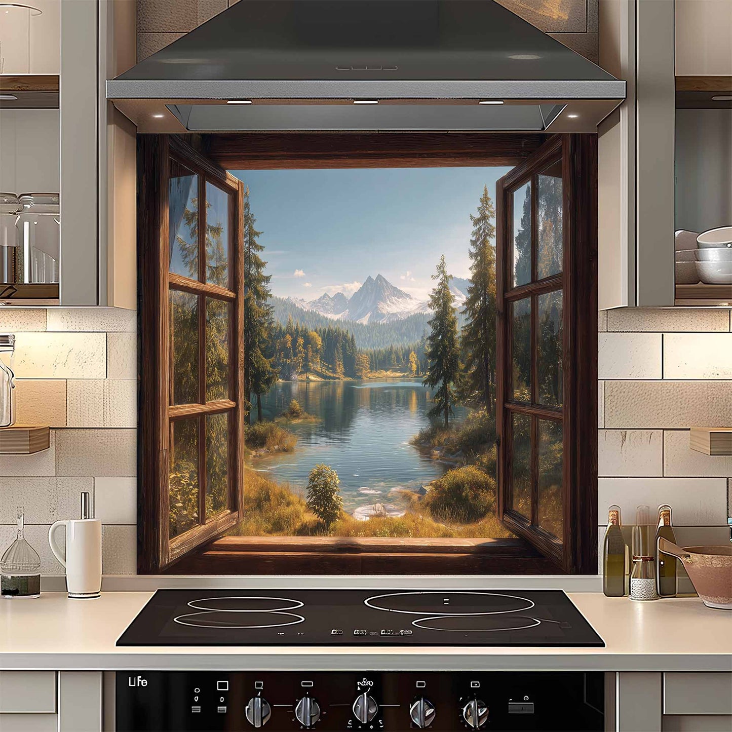 Kitchen with a scenic window view of a lake and mountains glass backsplash.