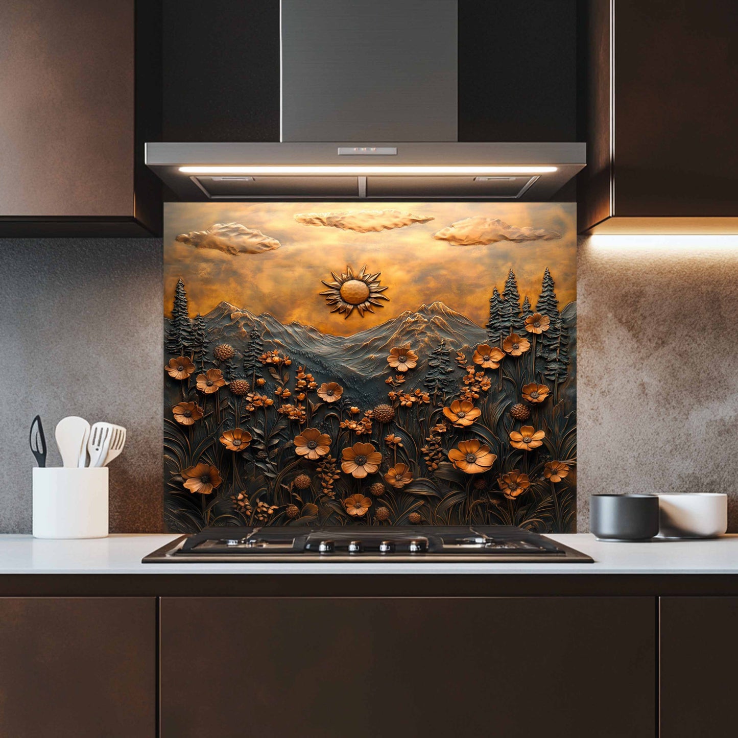 Kitchen with a decorative glass splashback featuring a sunset over mountains and flowers.