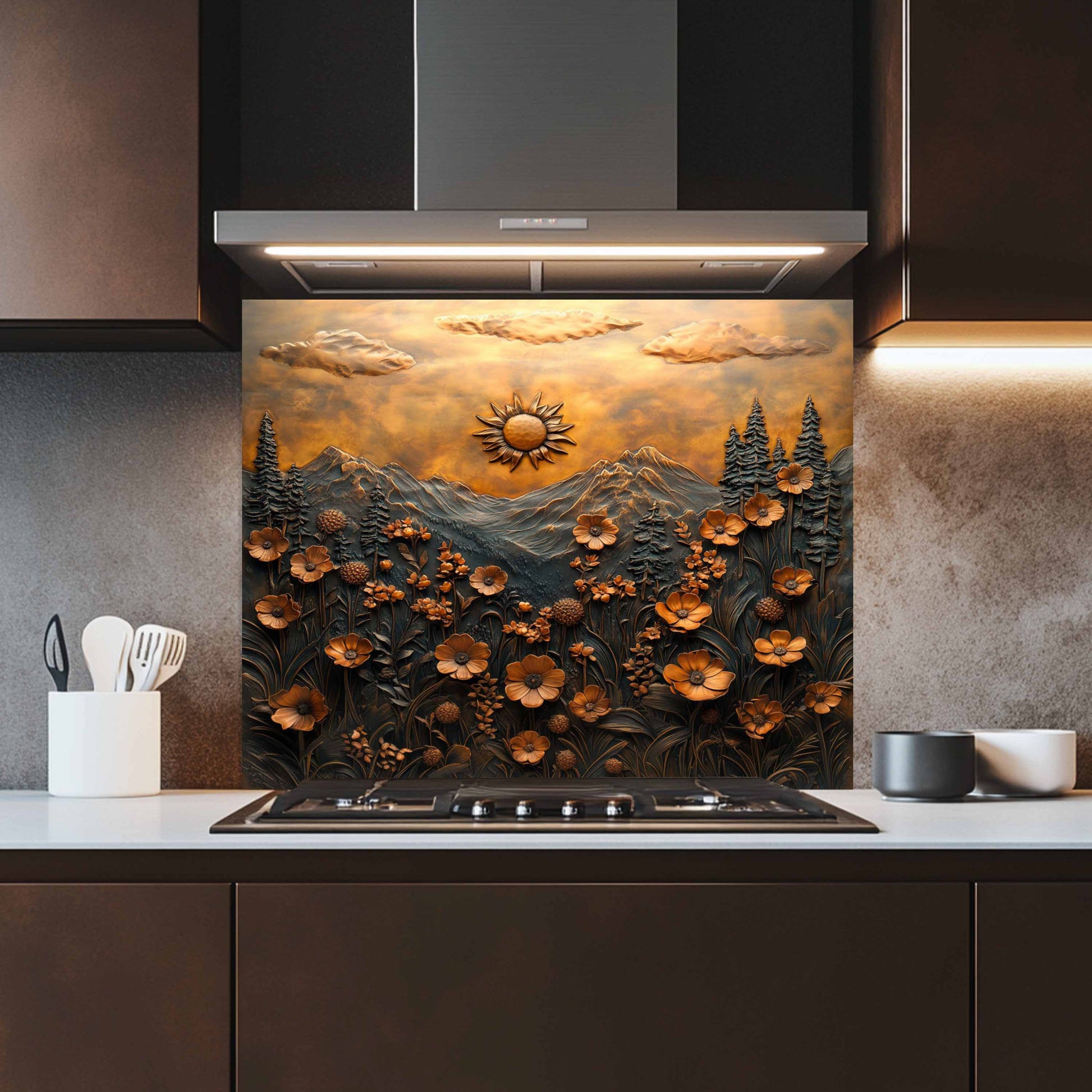 Kitchen with a decorative glass splashback featuring a sunset over mountains and flowers.