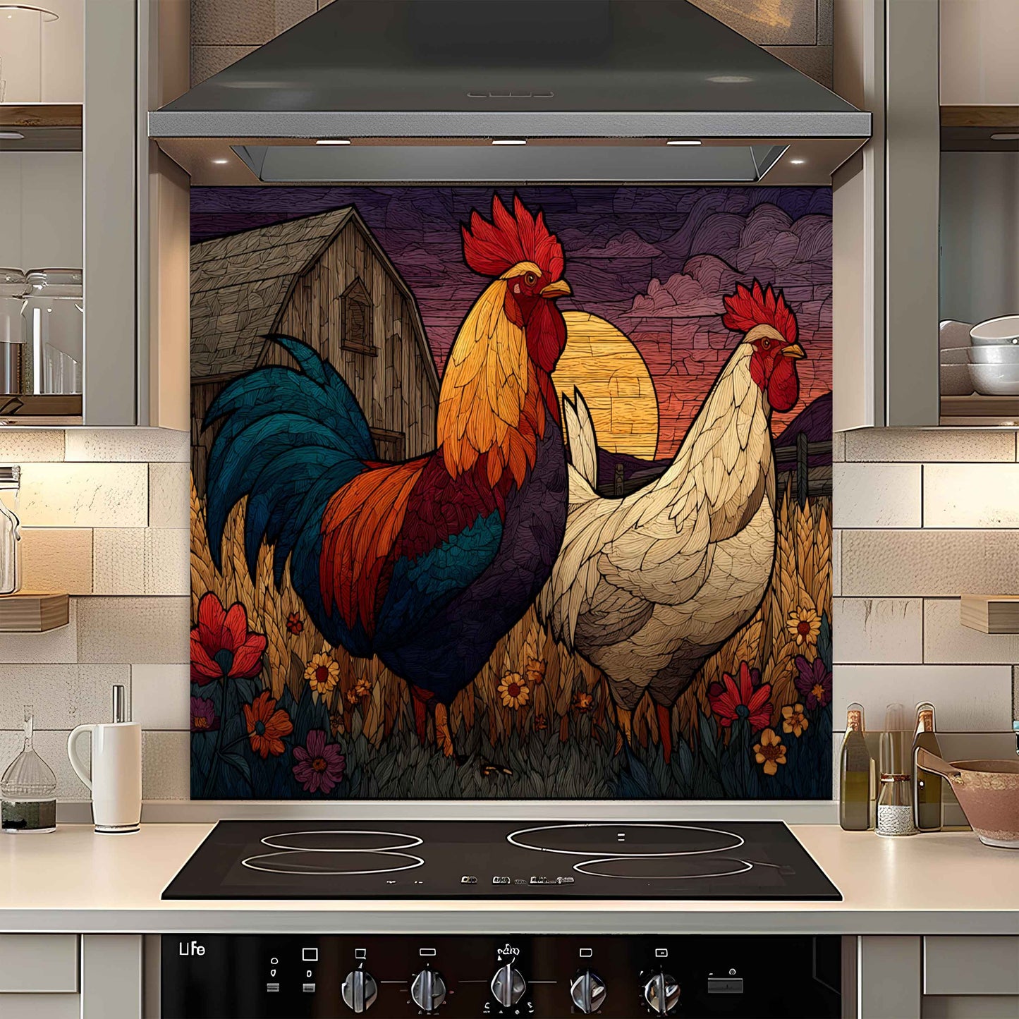 Decorative tile with rooster design above a stove in a kitchen