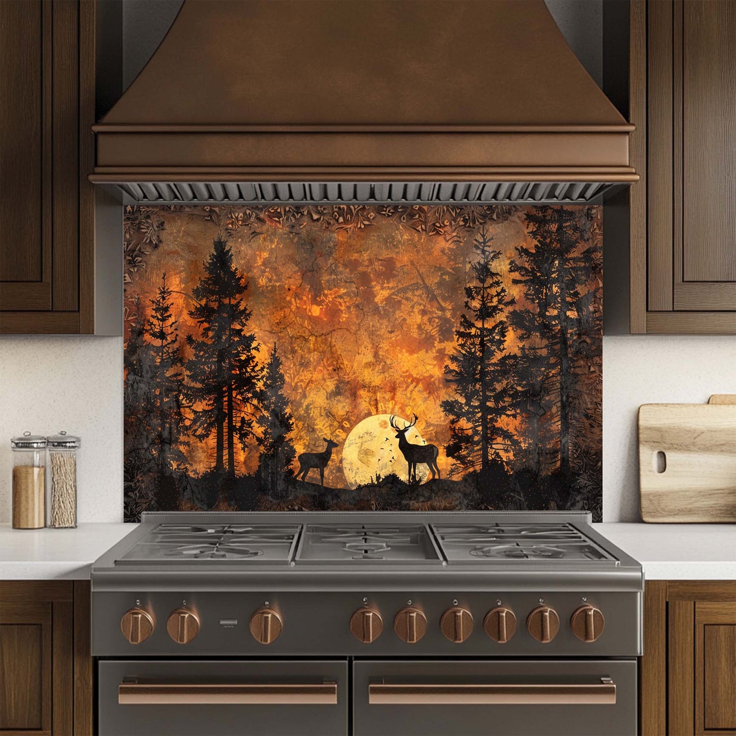 Kitchen stove with a decorative glass backsplash featuring trees and a deer silhouette.