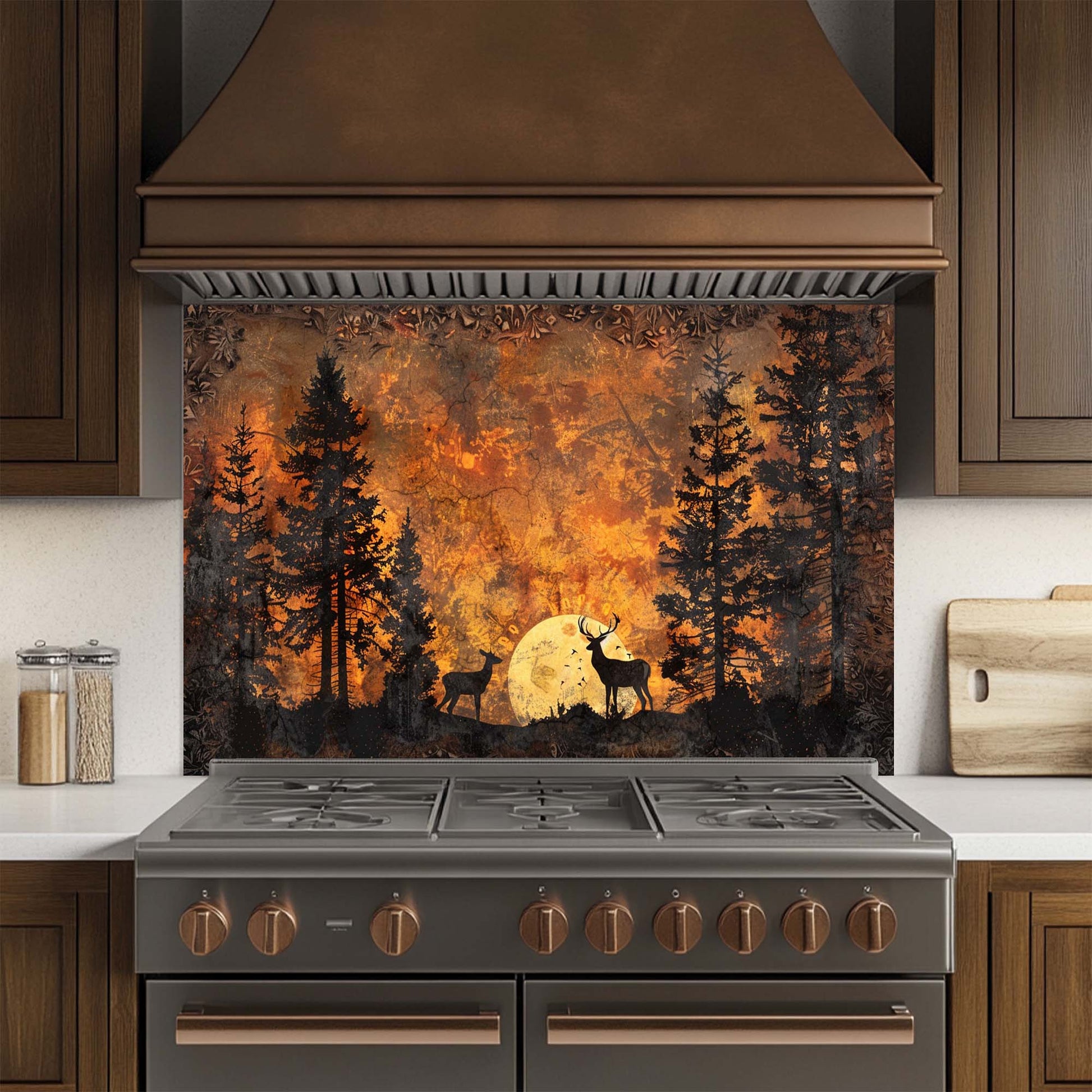 Kitchen stove with a decorative glass backsplash featuring trees and a deer silhouette.