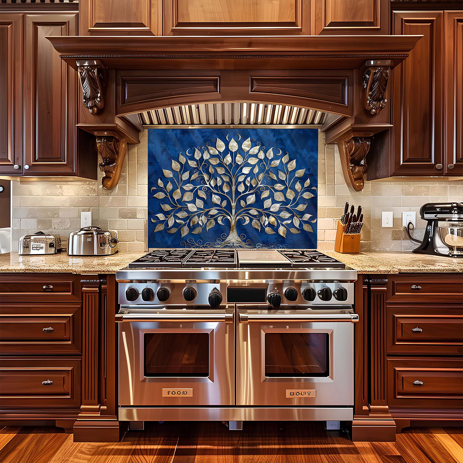 Stainless steel oven in a kitchen with wooden cabinets and a decorative backsplash.