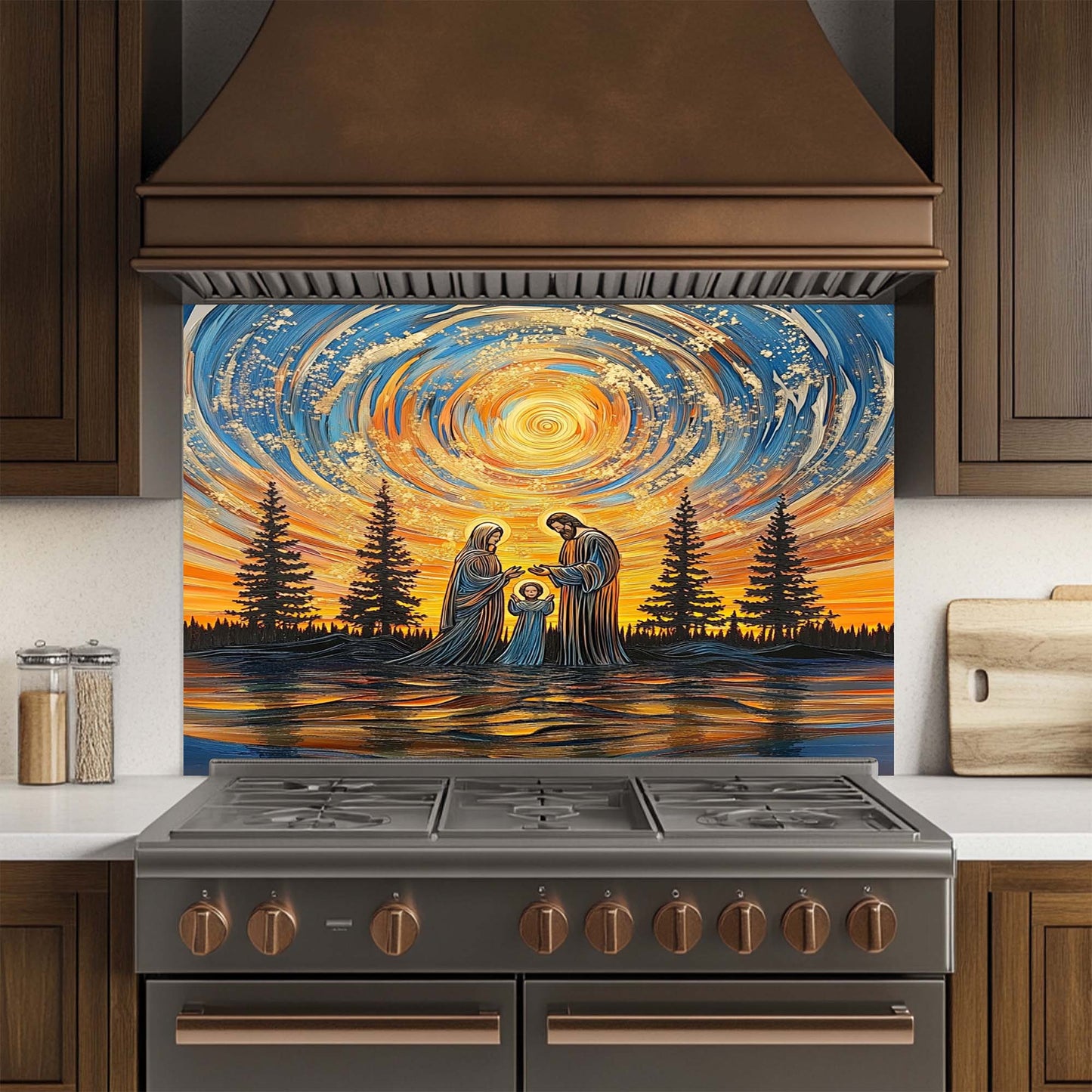Decorative kitchen glass backsplash with a celestial design featuring three figures and trees.