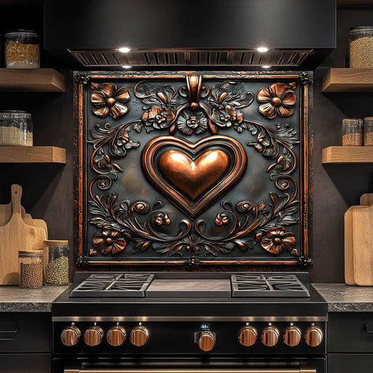 Decorative stove backsplash with a heart design in a kitchen setting