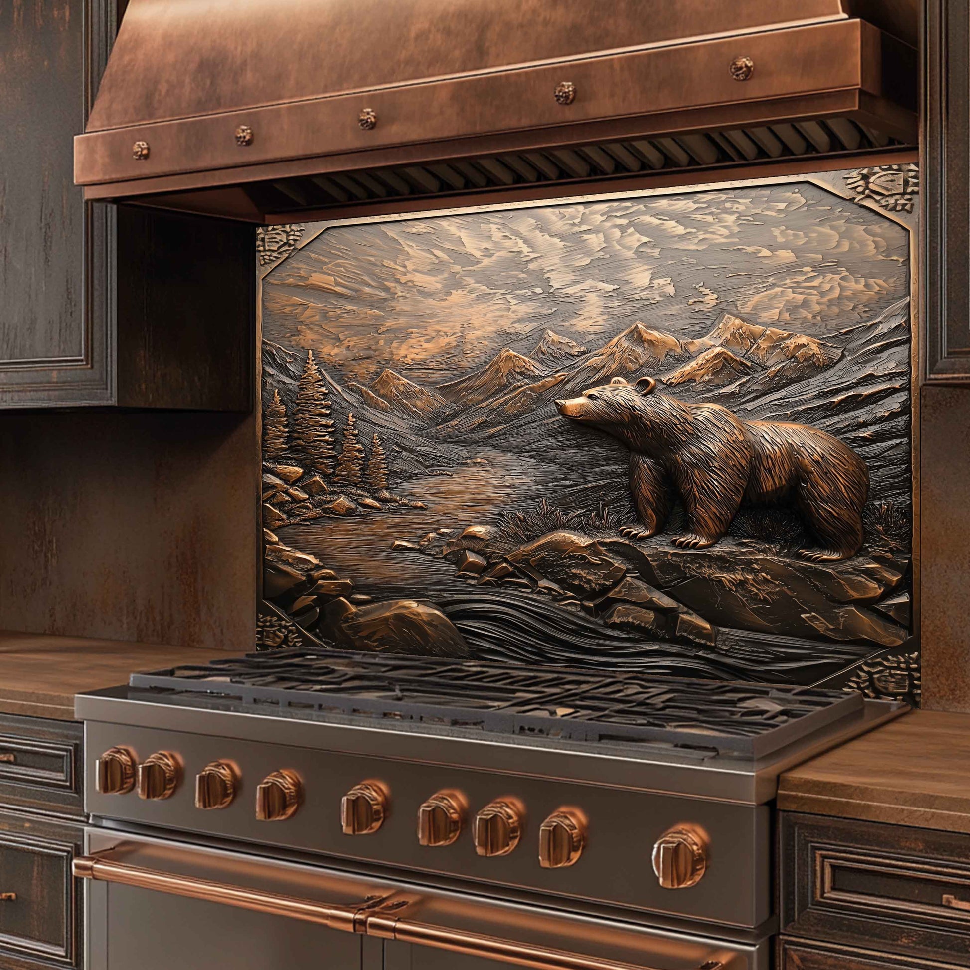 Stainless steel stove with copper accents and a bear and mountain design on the glass backsplash.