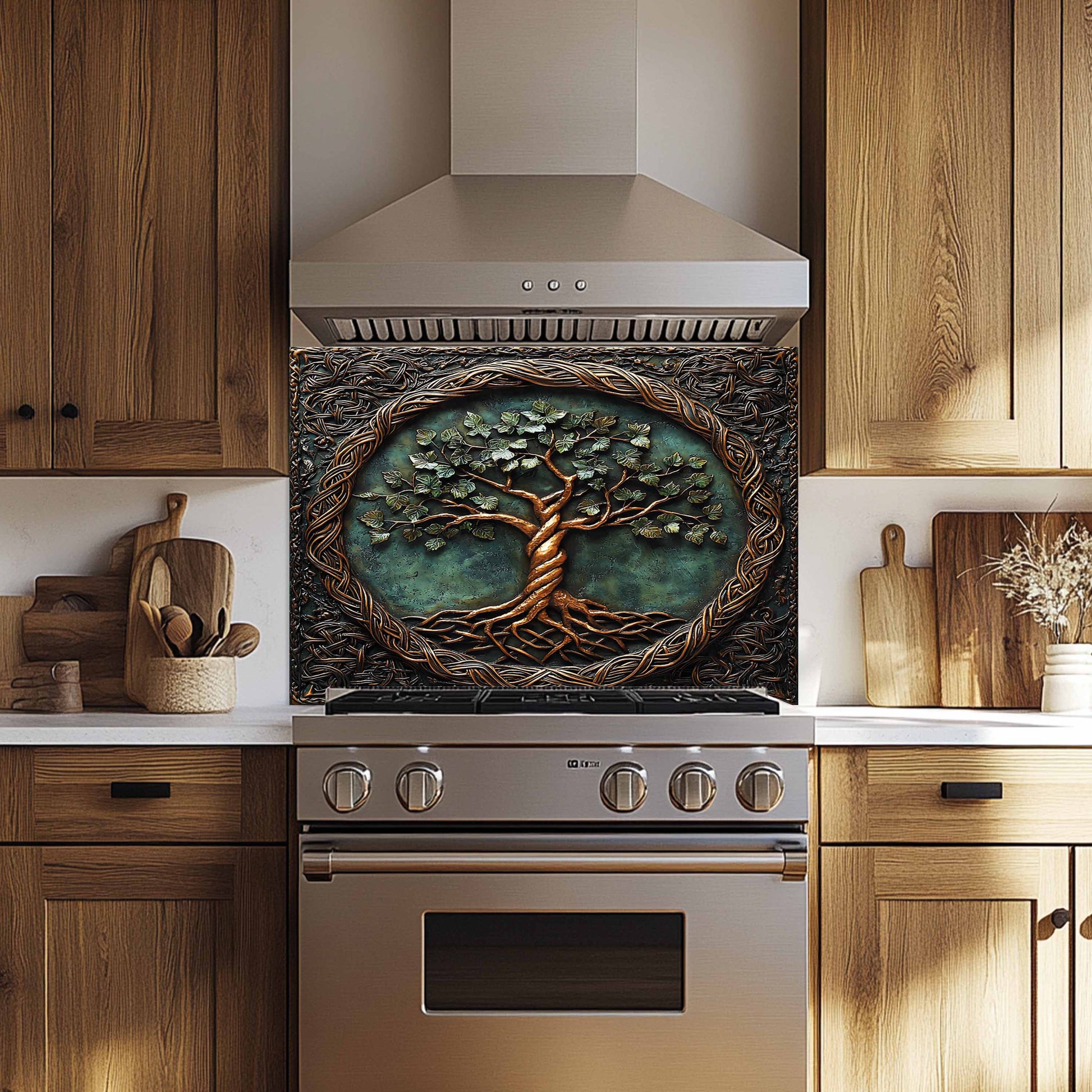 Decorative backsplash with tree design above a stainless steel oven in a kitchen.