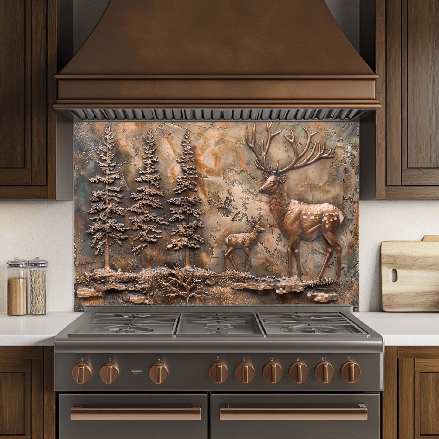 Decorative glass backsplash with deer and forest design above a stove in a kitchen.