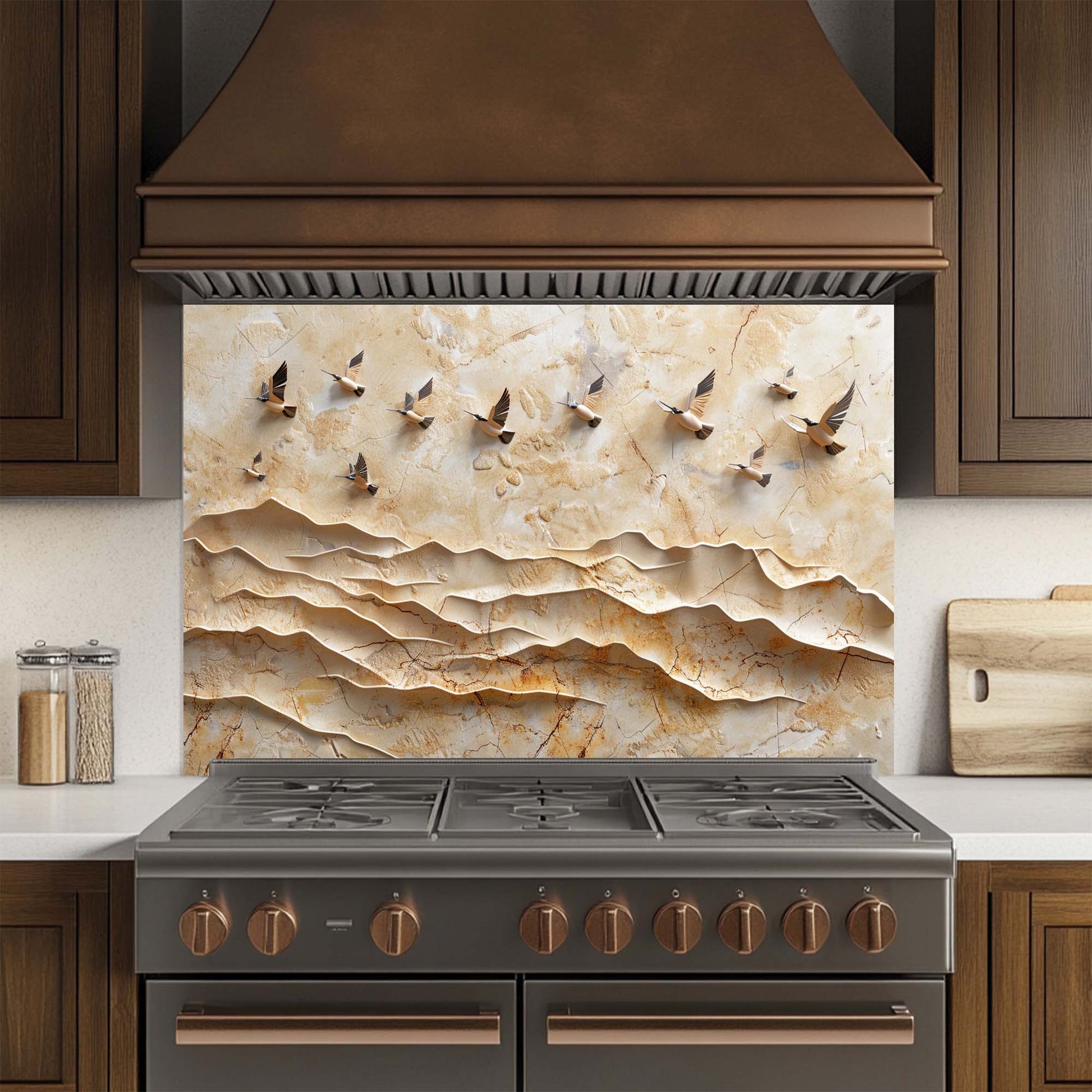 Kitchen stove with decorative glass backsplash featuring wavy stone pattern and bird silhouettes.