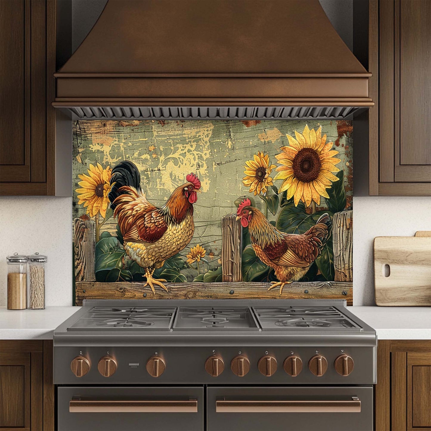 Decorative glass backsplash with roosters and sunflowers above a stove in a kitchen.