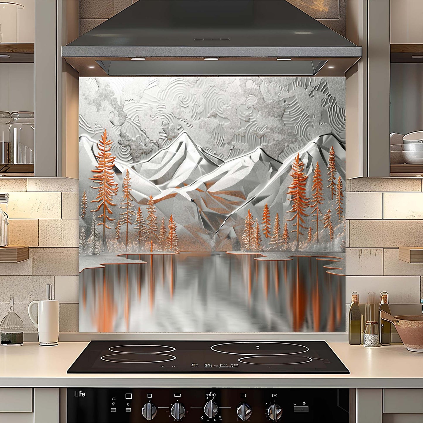 Silberkiefern – Spritzschutz aus gehärtetem Glas für die Küche – Küchenrückwand mit Bergwaldmotiv