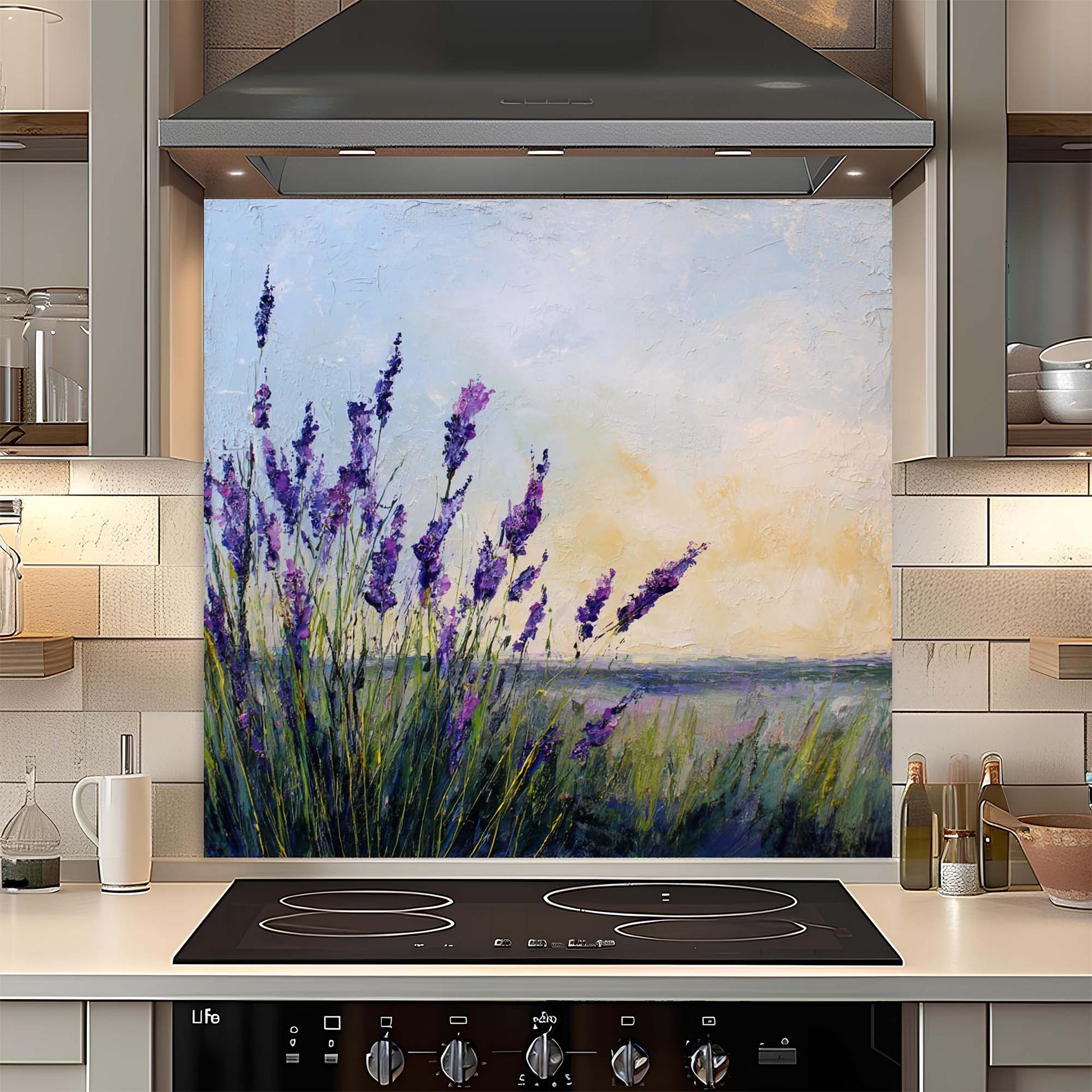 Kitchen with a decorative glass splashback featuring lavender flowers.