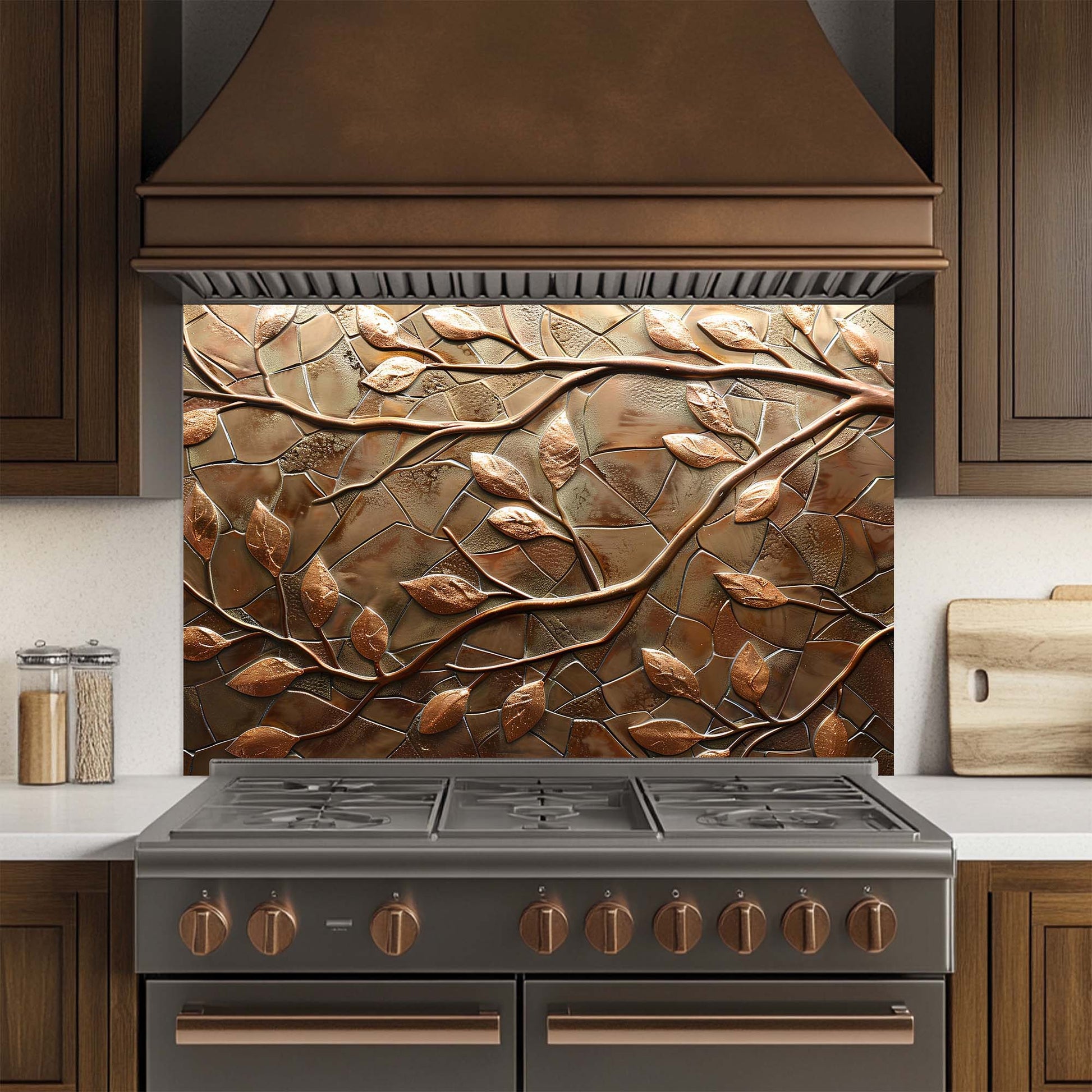 Stainless steel stove with decorative copper leaf glass backsplash in a kitchen setting
