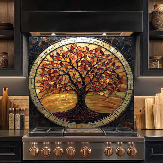 Stainless steel stove with a decorative mosaic tempered glass backsplash featuring a tree of life in a kitchen setting.