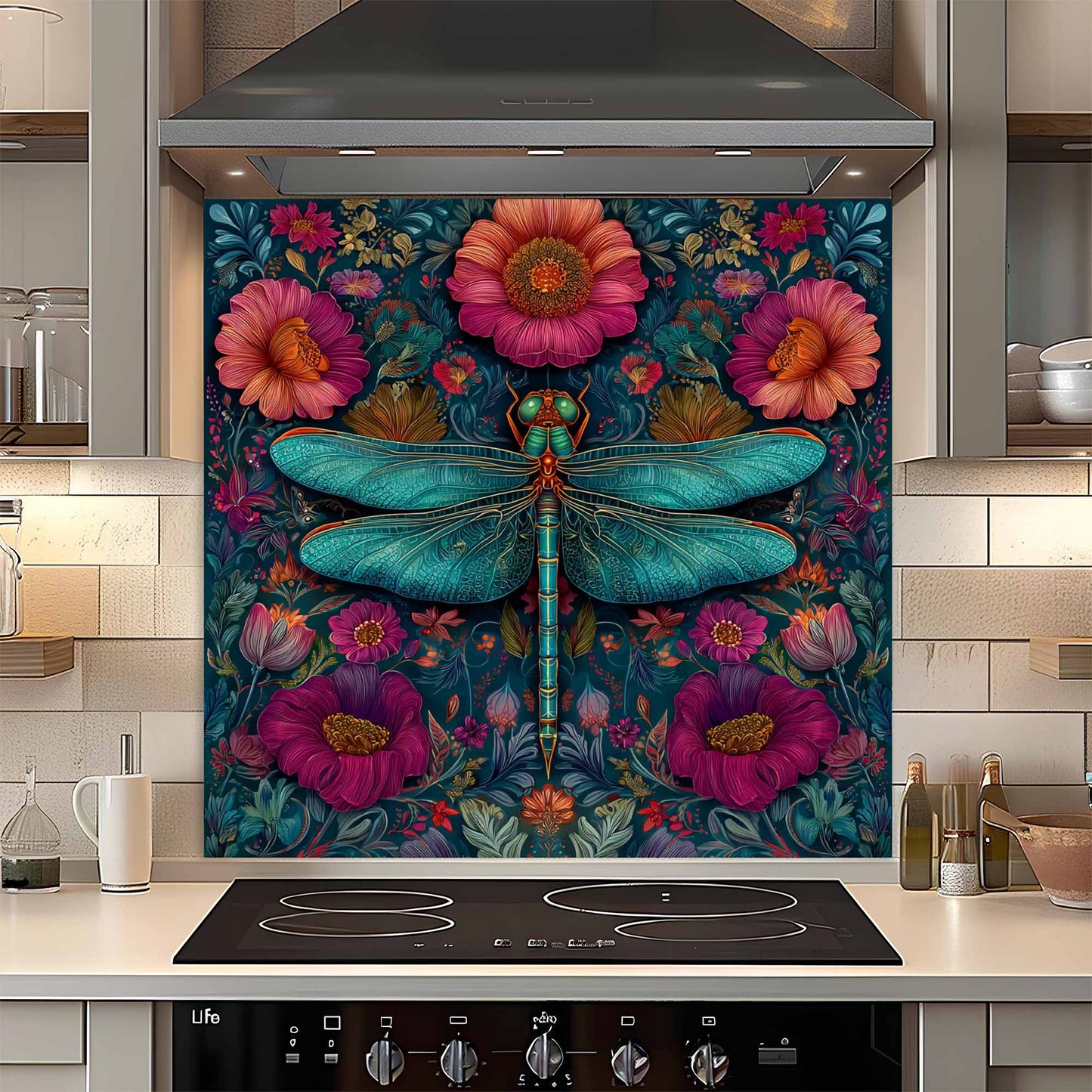 Decorative glass backsplash with a dragonfly and floral design in a kitchen.