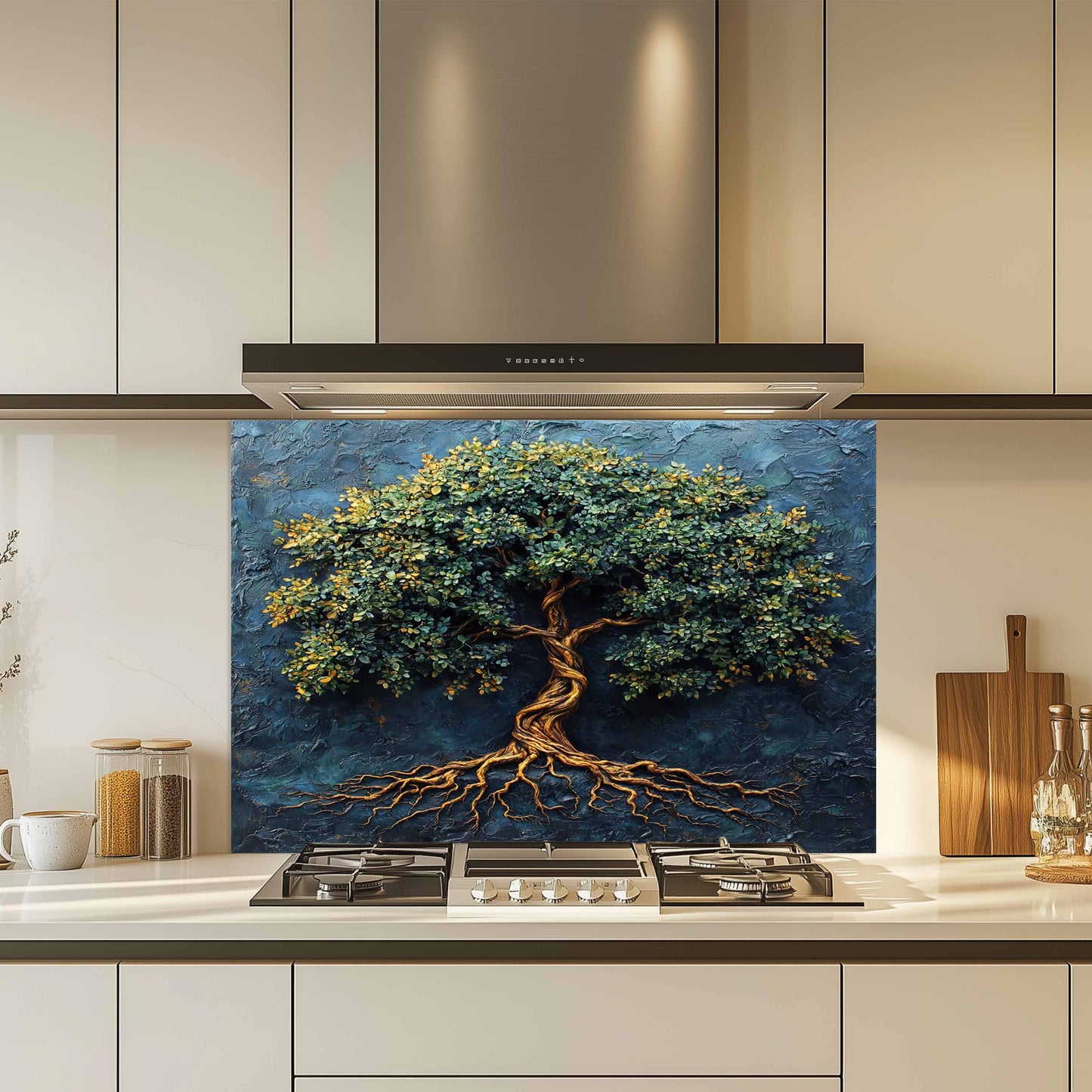 Kitchen with a decorative backsplash of a tree on the splashback