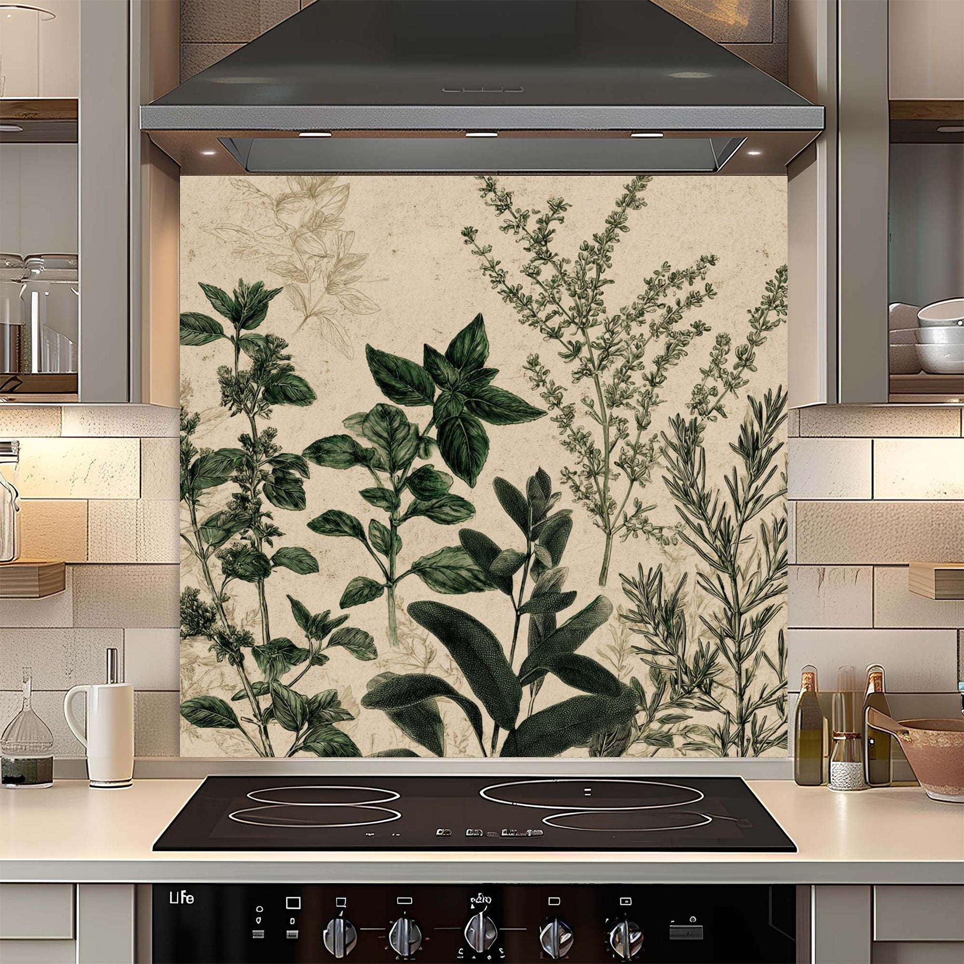 Kitchen with a decorative glass  backsplash featuring green plants on a beige background.