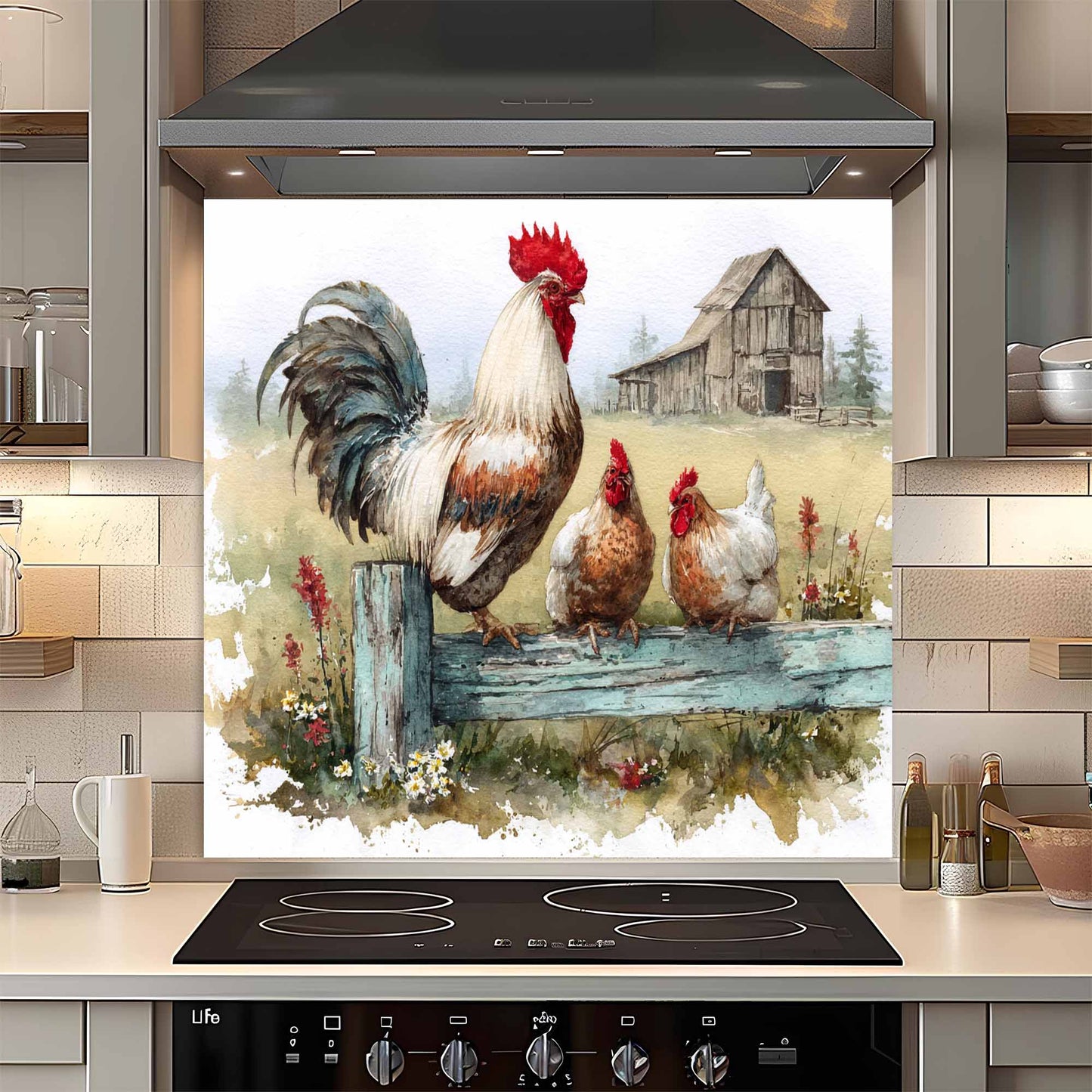 Decorative glass splashback with rooster design in a kitchen setting